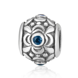 1pc 925 Sterling Silver Round Flower Pattern December Birthstone Bead Charm, Blue Zircon Cubic Zirconia CZ, 11.2x9.5mm, Hole ID 4.5mm, EC1-G12