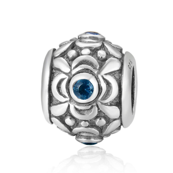 1pc 925 Sterling Silver Round Flower Pattern December Birthstone Bead Charm, Blue Zircon Cubic Zirconia CZ, 11.2x9.5mm, Hole ID 4.5mm, EC1-G12