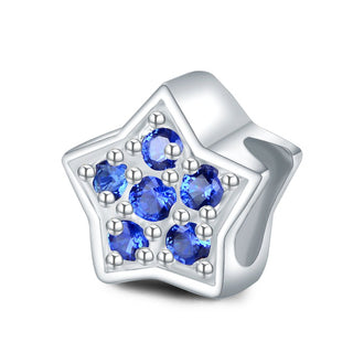 1pc 925 Sterling Silver Star Charm September Birthstone Bead Charm, Blue Sapphire Cubic Zirconia CZ, 10x9.5mm, Hole ID 4.5mm, EC1-K9