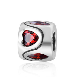 Real 925 Sterling Silver Heart Bead, January Birthstone Charm Cubic Zirconia CZ Siam Red Garnet...