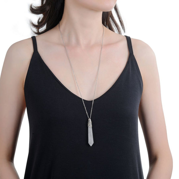 1pc Natural White Quartz Clear Crystal Hexagonal Pile Gemstone Pendant Necklace, 26 Inch Surgical Stainless Steel Chain, GGP-BB5