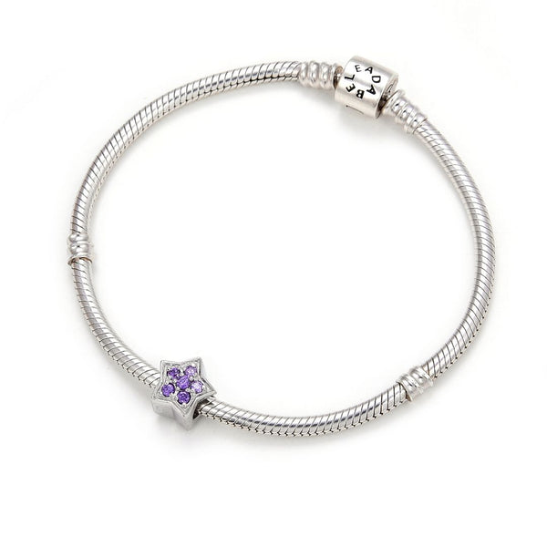 1pc 925 Sterling Silver Star Charm February Birthstone Bead Charm, Purple Amethyst Cubic Zirconia CZ, 10x9.5mm, Hole ID 4.5mm, EC1-K2
