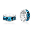 100pcs AAA Grade Rhinestone Rondelle Beads, Sterling Silver Plated Brass, Aquamarine Blue Rhinestone, Color Selections: 5mm/6mm/8mm/10mm/12mm