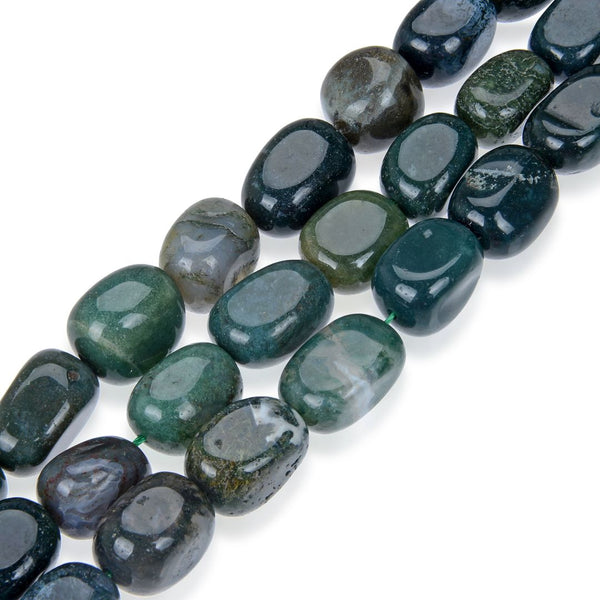 Natural Moss Agate Gemstone Tumbled Nugget Beads, Irregular, 10mm-13mm, Hole ID 1mm, 1 Strand/15 Inch, GZ4-4