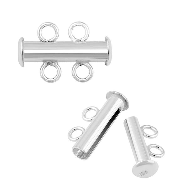 1pc 925 Sterling Silver 2 Strands Slide Lock Tube Clasp Set, 16mm Long, SS115