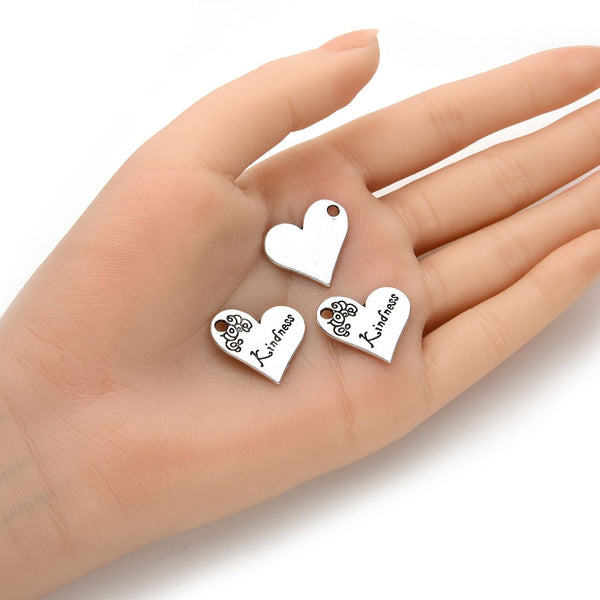 20pcs Heart of Kindness Charms 21mm One Sided Heart Drop Pendants, Antique Silver, MC-D26