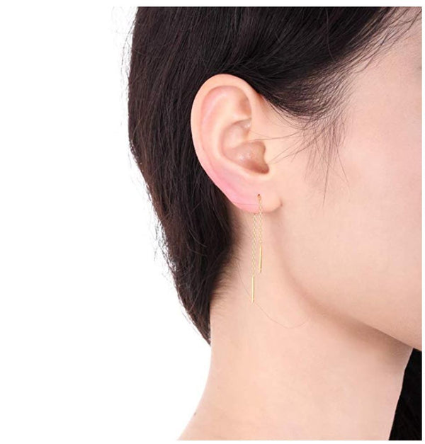 1 Pair Real 18K Yellow Gold Plated 925 Sterling Silver Threader Earrings, Pull Through Dangle Cable Chain with Bar Pin Drop, Length Selections: 2/3/4/5/6 Inch