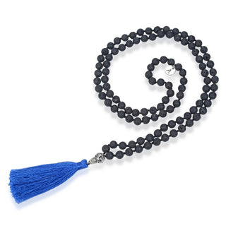 Adabele Premium 108 Mala Bead Blue Tassel Necklace, 8mm Natural Black Lava Rock Gemstone, Tibetan Buddhist Japa Prayer Beaded Jewelry RGN4