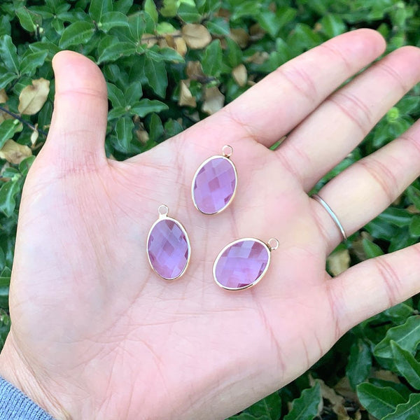 10pcs Grade A June Alexandrite Purple Oval Birthstone Charm Drops, 18K Yellow Gold Plated Brass, 18x13mm, CCP6-G6