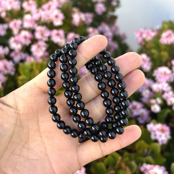 1 Strand Stretch Natural Grade A Black Tourmaline Beaded Gemstone Bracelet, 6mm Beads, Length Selections: 7 inch/7.5 inch/8 inch