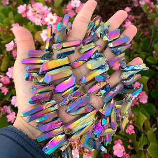 1 Strand Natural Raw Crystal Quartz Gemstone Beads, Medium Size Drilled Stone Points, Rainbow AB Titanium Coated Gem Stick, 15 Inch, GA-D5