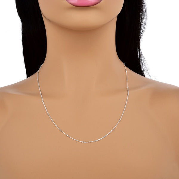 1pc 925 Sterling Silver Bead Station Curb Link Chain Necklace, 1.9mm Beads, Thin Small, Length Selections: 16/18/20/22/24/26/28 Inch