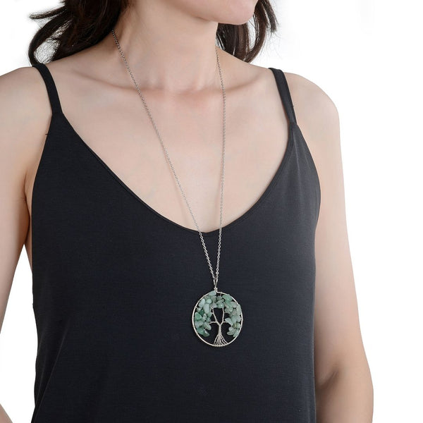 1pc Tree of Life Prosperity Necklace, Natural Green Aventurine Gemstone Pendant, 26 inch Surgical Stainless Steel Chain, GGP9-5