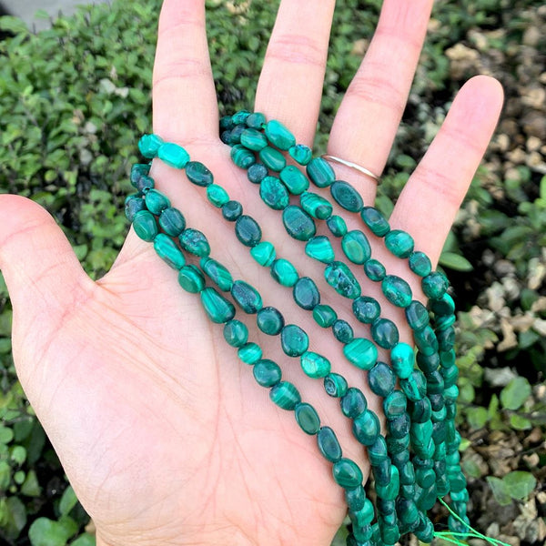 Natural Green Malachite Gemstone Oval Tumbled Pebble Beads, Irregular, 6mm to 8mm, Hole ID 1mm, 15 Inch/1 Strand, GZ11-79
