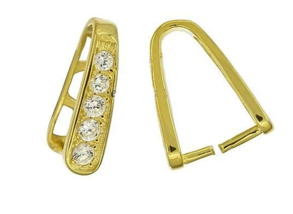 2pcs 925 Sterling Silver Pinch Bail, Pendant Clasp, Real 18K Yellow Gold Plated, Cubic Zirconia CZ, 12.5x11.2mm, SS41-2