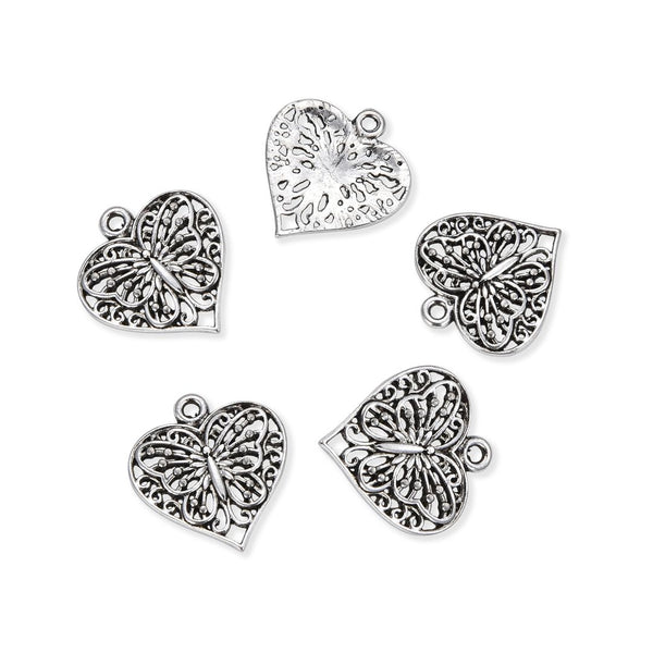20pcs Butterfly Symbol of Transformation Heart Charms, 22.8mm One Sided Heart Drop Pendants, Antique Silver, MC-D20