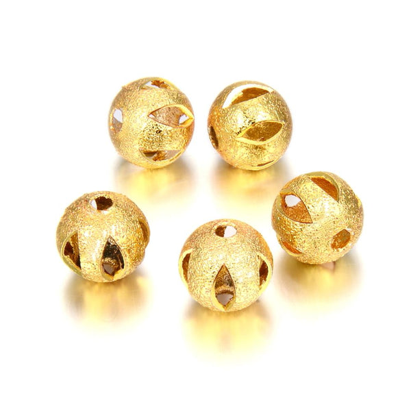 50pcs Tarnish Resistant Artistic Filigree Round Beads, 18K Yellow Gold Plated Brass, Size Selections: 6mm/8mm/10mm
