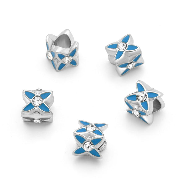 20pcs Sparkle Rhinestone Blue Enamel Flower Large Hole Beads, Hole ID 4.5mm, Antique Silver, Zinc Alloy Metal, MEC-E5