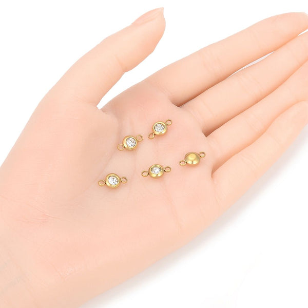 10pcs Grade A April Crystal Clear Birthstone Links, 18K Yellow Gold Plated Stainless Steel, Tarnish Resistant, 6mm, CCP35-4