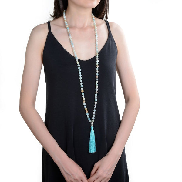 Adabele Premium 108 Mala Bead Tassel Necklace, 8mm Natural Multi-color Amazonite Gemstone, Buddhist Japa Prayer Beaded Jewelry RGN15