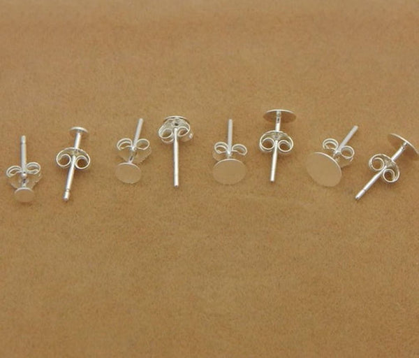 4 Pairs 925 Sterling Silver Earring Posts, Glue On Flat Board, 0.7mm/21 Gauge Pin, 8pcs Earring Backs, Flat Board Selections: 3mm/4mm/6mm/8mm