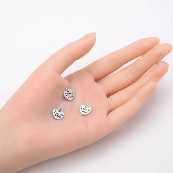 20pcs I Love You Heart Charms, 11.6mm Small Double Sided Heart Drop Pendants, Antique Silver, MC-D14