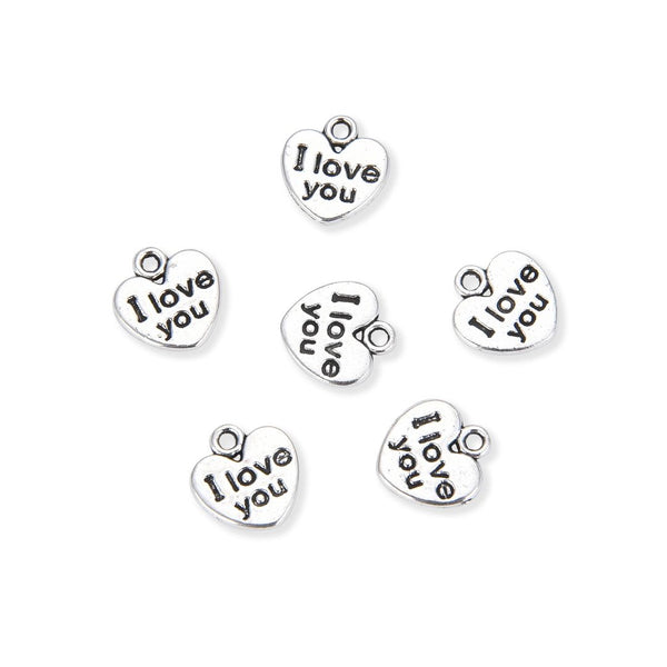 20pcs I Love You Heart Charms, 11.6mm Small Double Sided Heart Drop Pendants, Antique Silver, MC-D14