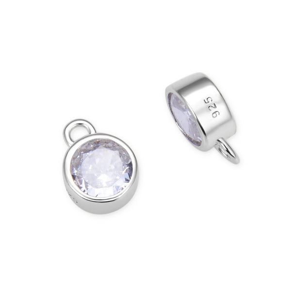 2pcs 925 Sterling Silver 6mm April Birthstone Charm Drop Pendants, Tarnish Resistant, Clear Cubic Zirconia Gemstone, SXP8-4