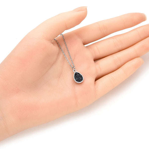 1pc Natural Druzy Crystal Pendant Necklace, Hematite Black Teardrop Small Tiny Gemstone Pendant, 18 inch Stainless Steel Surgical Chain, GGP25-4