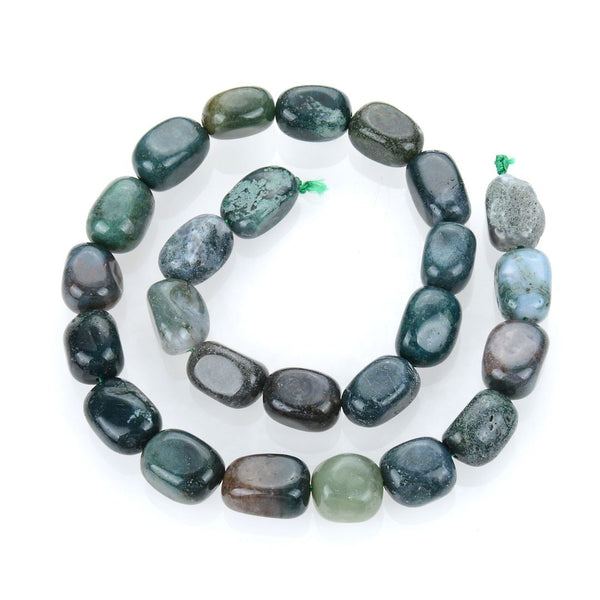 Natural Moss Agate Gemstone Tumbled Nugget Beads, Irregular, 10mm-13mm, Hole ID 1mm, 1 Strand/15 Inch, GZ4-4