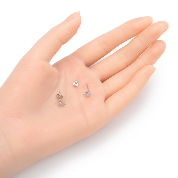 2 Pairs Sterling Silver Earring Posts, Closed Ring, 4pcs Earring Backs, Cubic Zirconia CZ , Tarnish Resistant Rhodium Plated, CZ Size Selections: 2/3/4/5mm