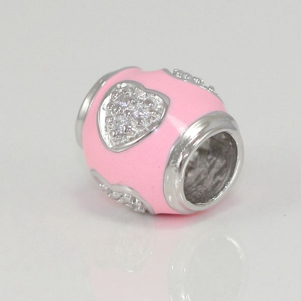 1pc Solid 925 Sterling Silver Pink Heart Love Cubic Zirconia Bead Charm, Compatible with Pandora All Other Charm Bracelet, EC77