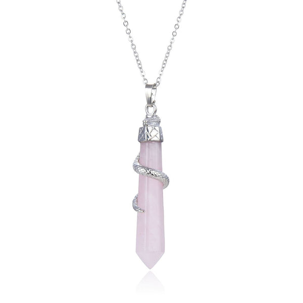 1pc Natural Pink Rose Quartz Hexagonal Pile Gemstone Pendant Necklace, 18 Inch Surgical Stainless Steel Chain, GGP-D8