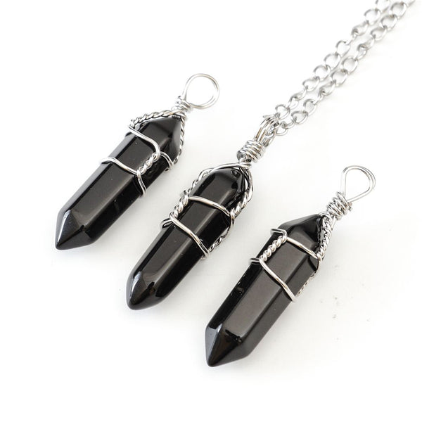 1pc Natural Black Obsidian Gemstone Pendant Necklace, 18 Inch Surgical Stainless Steel Chain, GGP-E9