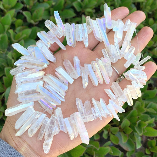 1 Strand Natural Raw Crystal Quartz Gemstone Beads, Small Drilled Stone Points, Clear AB Titanium Coated Stone Stick, 15 Inch, GA2