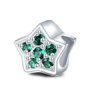1pc 925 Sterling Silver Star Charm May Birthstone Bead Charm, Green Emerald Cubic Zirconia CZ, 10x9.5mm, Hole ID 4.5mm, EC1-K5