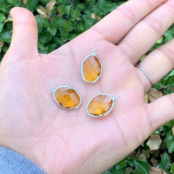 10pcs Grade A November Topaz Yellow Oval Birthstone Charm Drops, Sterling Silver Plated Brass, 18x13mm, CCP6-S11