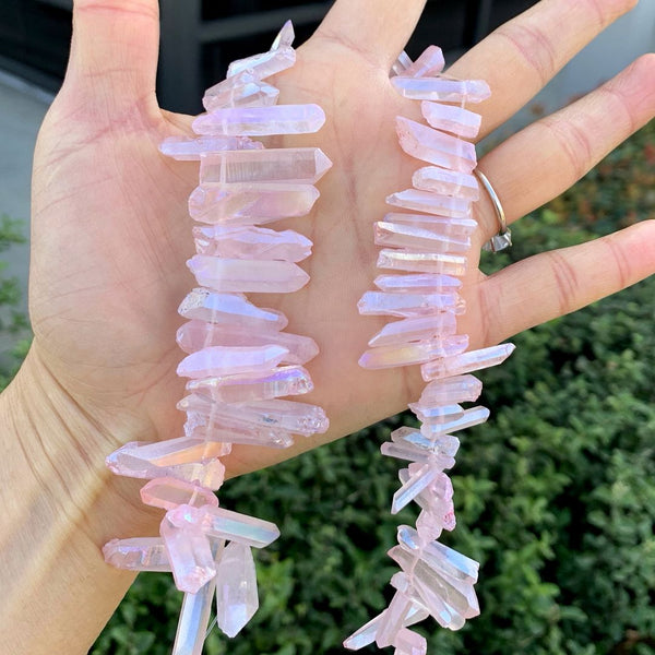 1 Strand Natural Raw Crystal Quartz Gemstone Beads, Small Drilled Stone Points, Rose Pink AB Titanium Coated Stone Stick, 15 Inch, GA8