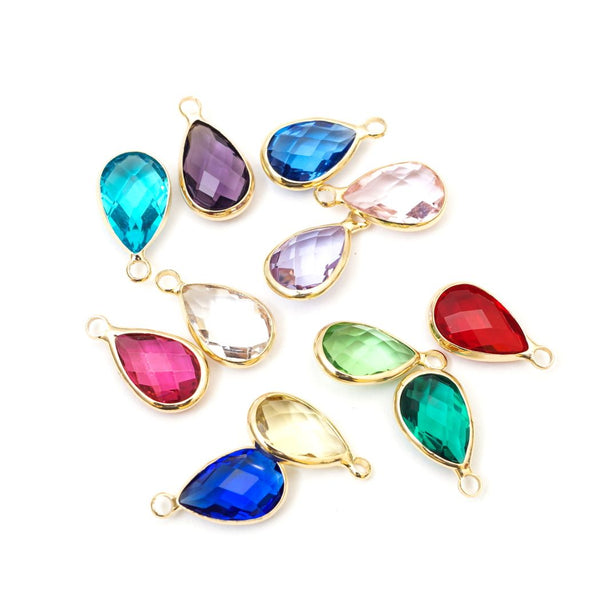 10pcs Grade A November Topaz Yellow Teardrop Birthstone Charm Drop, 18K Yellow Gold Plated Brass, Size Selections: 11x7mm, 14x8mm, 16x9mm