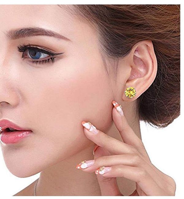 1 Pair 925 Sterling Silver November Yellow Birthstone Round Cut Stud Earrings, 8mm/2 Carat Cubic Zirconia CZ Created Topaz Stone, SSE49-11