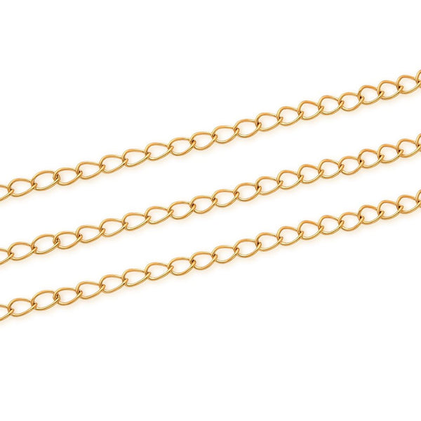 16.5 Feet Tarnish Resistant Oval Ring Curb Cable Chain Link, 24K Yellow Gold Plated, Long Lasting, Size Selections: 3.5x2.2mm, 4.2x2.6mm
