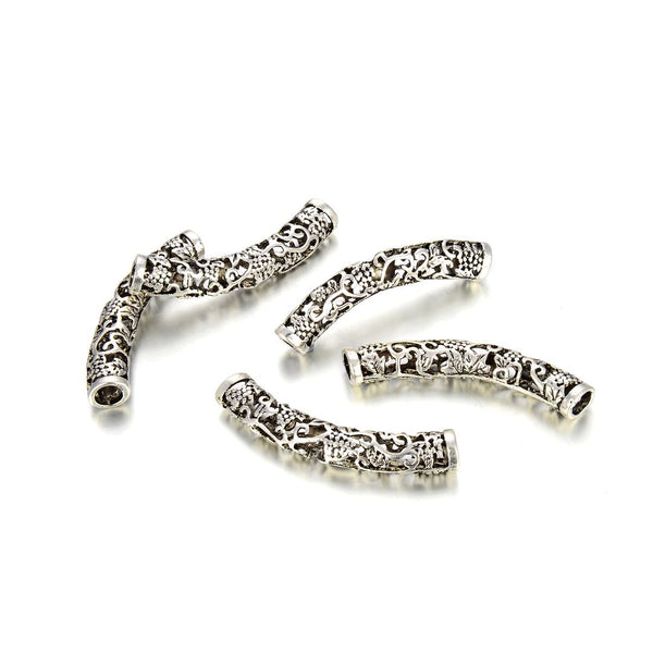 10pcs Large Hole Curved Filigree Grapevines Noodle Tubes, Antique Silver, 40mm (1.57 Inch),  Hole ID 4.5mm, MC-L2