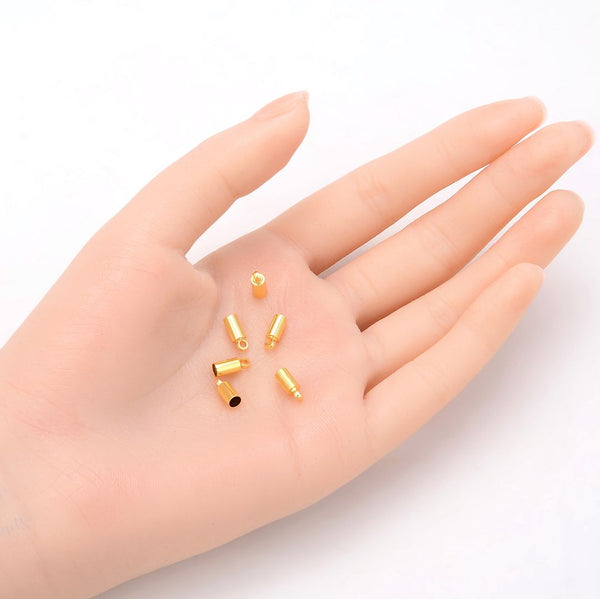 50pcs Tarnish Resistant Glue In Cord End Caps, 18K Yellow Gold Plated Brass, Hole ID Selections: 1mm/1.5mm/2mm/2.5mm/3mm
