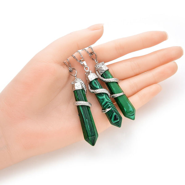 1pc Lab Created Green Malachite Hexagonal Pile Gemstone Pendant Necklace, 18 Inch Surgical Stainless Steel Chain, GGP-D3