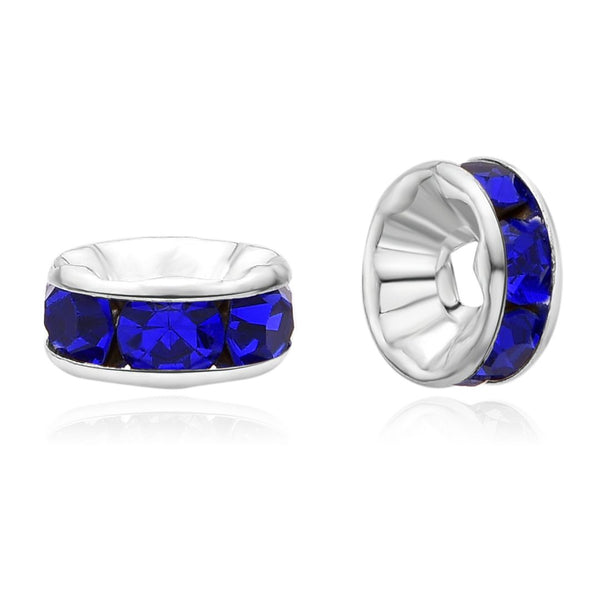 100pcs AAA Grade Rhinestone Rondelle Beads, Sterling Silver Plated Brass, Sapphire Blue Rhinestone, Color Selections: 5mm/6mm/8mm/10mm/12mm