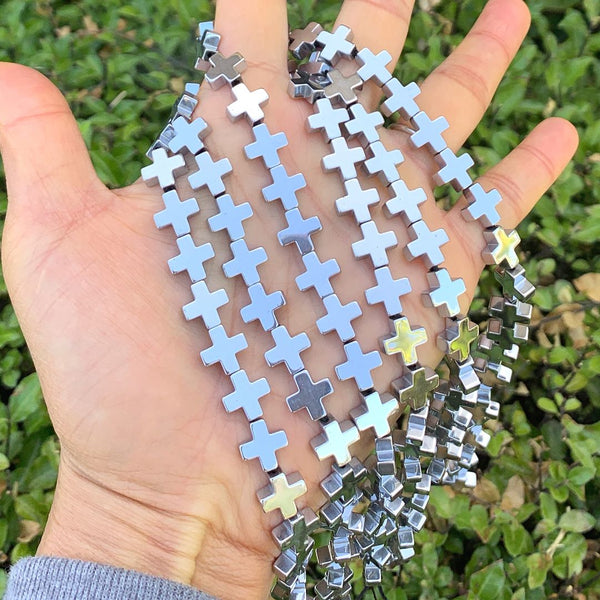 Grade A Natural Hematite Gemstone Cross Sign Beads, White Gold Plated, 15 Inch/1 Strand, 10mm, Hole ID 1mm, GFC-H5