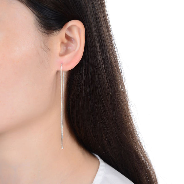 1 Pair 925 Sterling Silver Threader Earrings, Pull Through Dangle Box Chain with Tiny 2mm Ball, Length Selections: 2/3/4/5/6 Inch