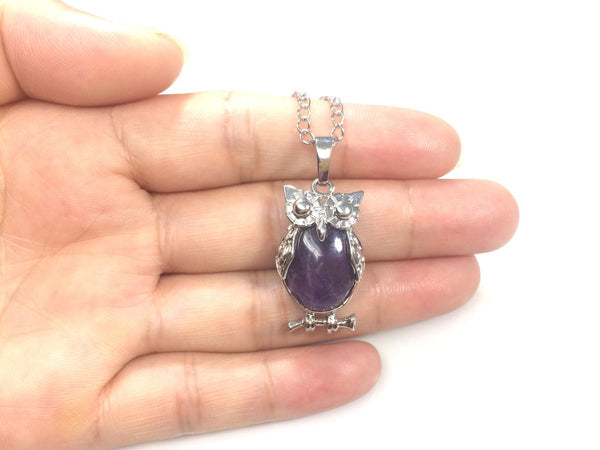 1pc Natural Purple Amethyst Crystal Gemstone Owl Pendant Necklace, 18 Inch Surgical Stainless Steel Chain, GGP-G4