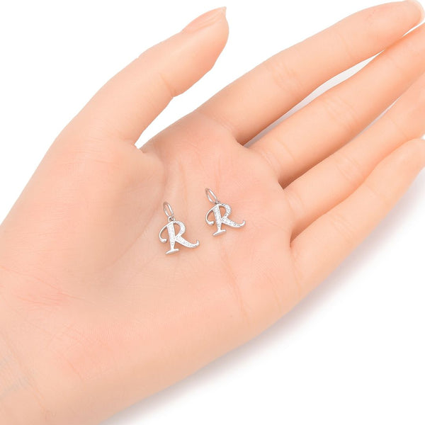 1pc 925 Sterling Silver Letter R Charm, Tarnish Resistant Rhodium Plated, Cubic Zirconia CZ Name Initial Pendant Drop,SSP-C18