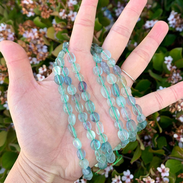 Natural Multi-color Fluorite Gemstone Oval Tumbled Pebble Beads, Irregular, 6mm to 8mm, Hole ID 1mm, 15 Inch/1 Strand, GZ11-42